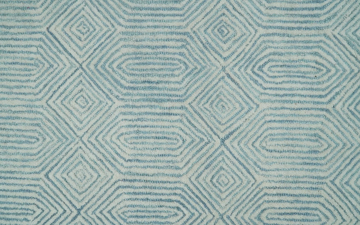 Ready to Ship Teal And Ivory Modern Contemporary Hand Tufted 2.6x8 Wool Rug
