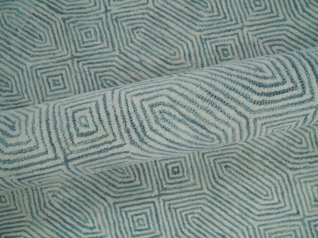 Ready to Ship Teal And Ivory Modern Contemporary Hand Tufted 8x10 Wool Rug