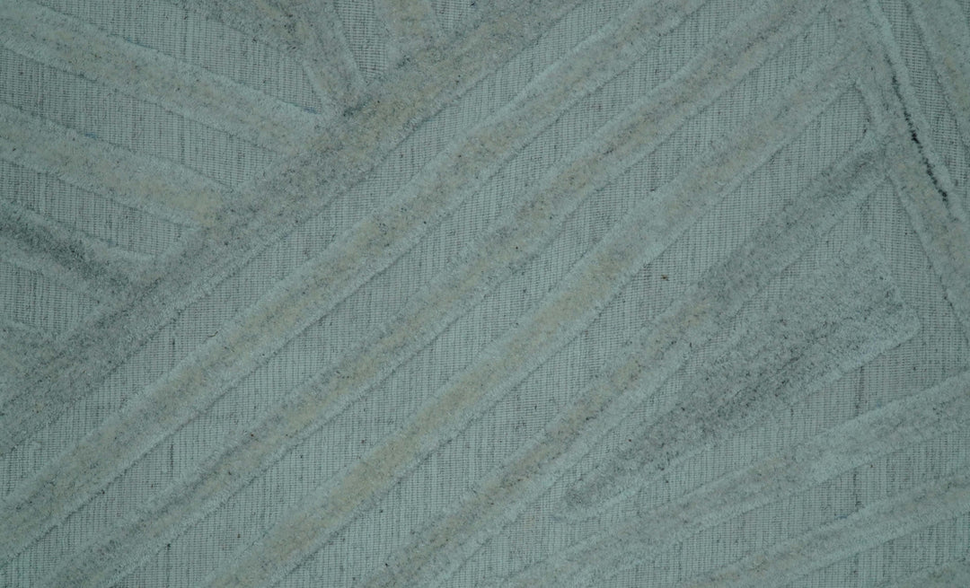 Modern Geometrical Pattern Ivory and Silver Hand Knotted 10x13 Wool Rug