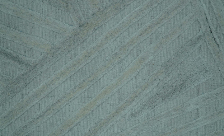 Modern Geometrical Pattern Ivory and Silver Hand Knotted 10x13 Wool Rug