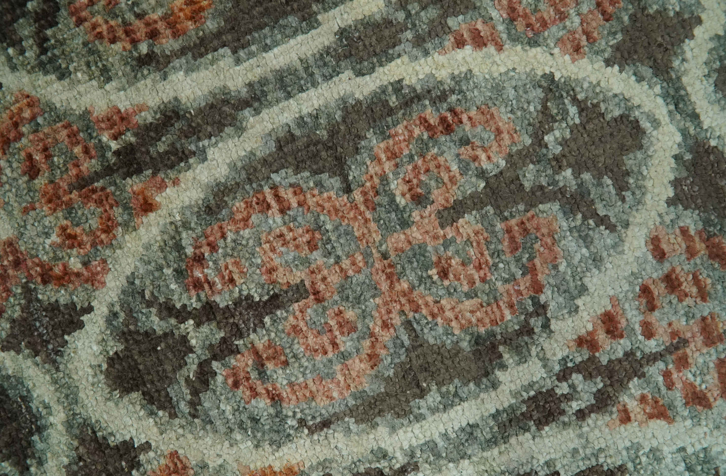 Geometrical Floral Design 5x8.6 Charcoal, Ivory and Rust Hand Knotted wool rug