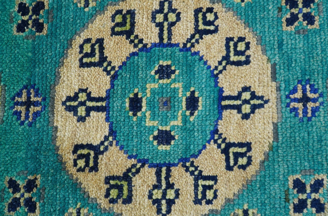 Traditional Khotan Design Teal Hand knotted 3x6 Wool Area Rug