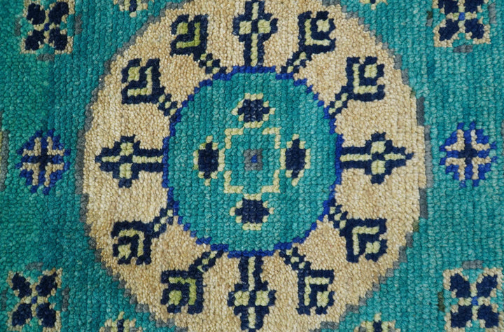 Traditional Khotan Design Teal Hand knotted 3x6 Wool Area Rug
