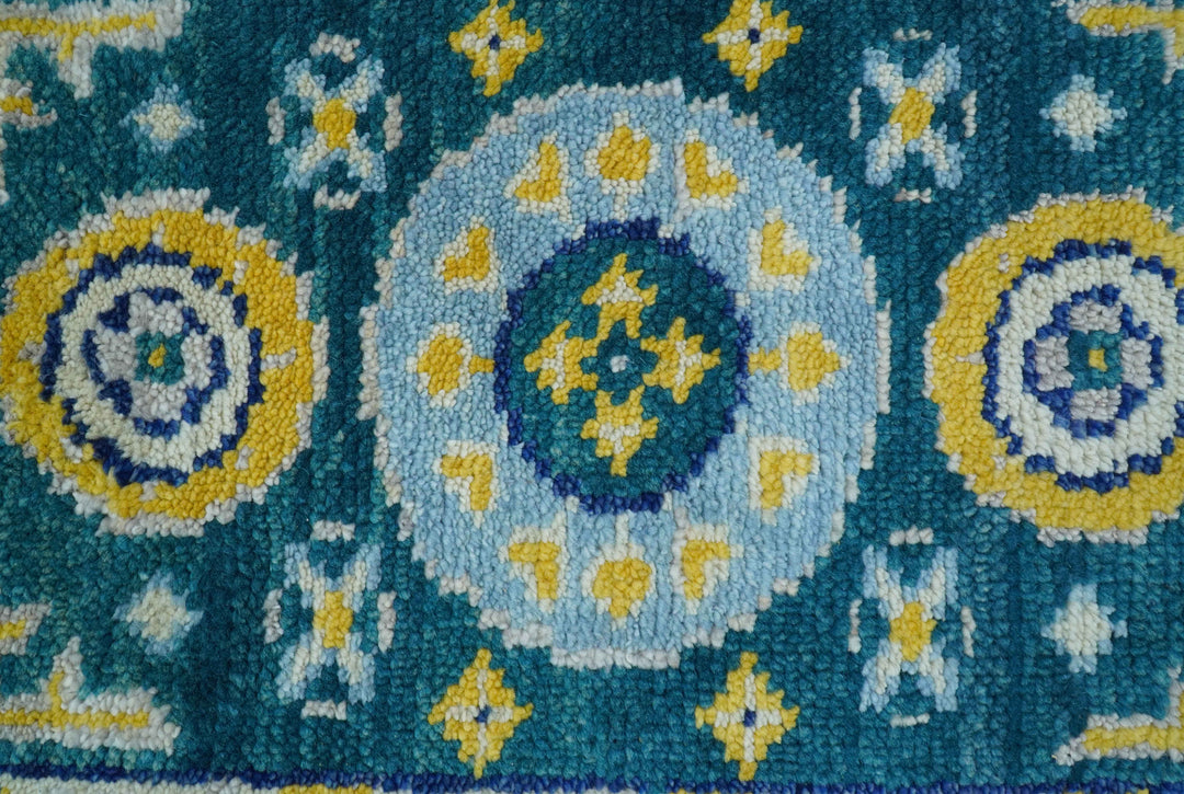 Hand knotted 2x3 Yellow And Teal Traditional Khotan Design Wool Area Rug