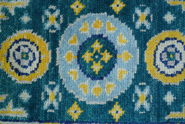 Hand knotted 2x3 Yellow And Teal Traditional Khotan Design Wool Area Rug
