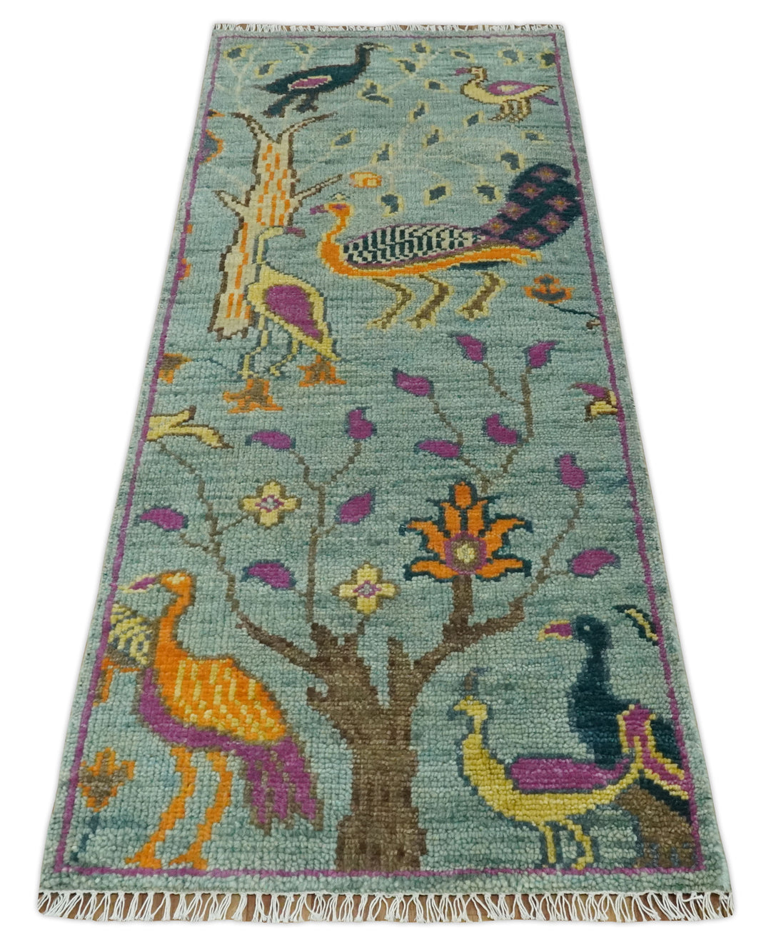 Custom Made Runner Jungle Life Peacock Green Hand Knotted Wool Rug