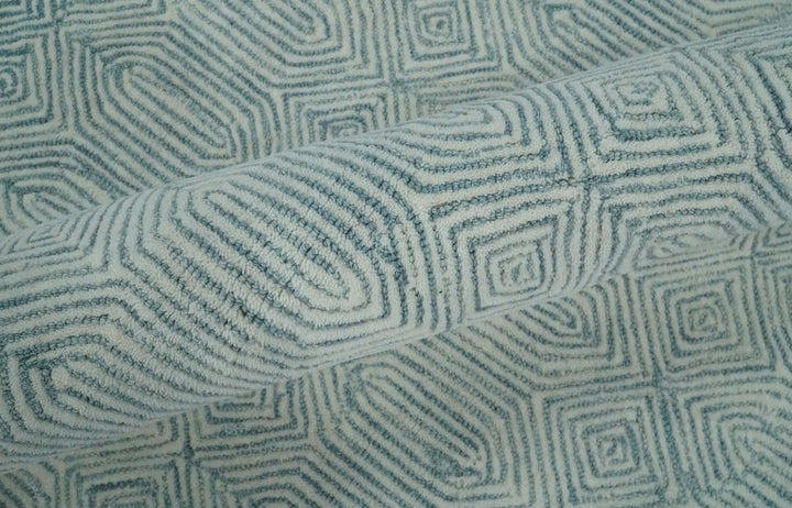 Ready to Ship Teal And Ivory Modern Contemporary Hand Tufted 6x9 Wool Rug