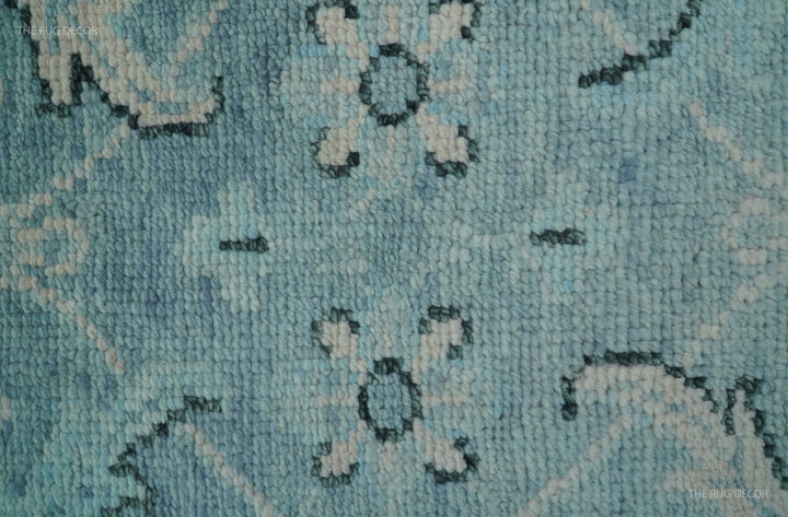 Custom Made Oushak Blue And Beige Hand Knotted Wool Rug