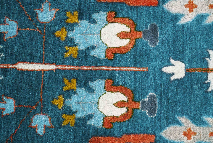 Fine Teal And Ivory Traditional Tree of life Hand Knotted Wool Rug