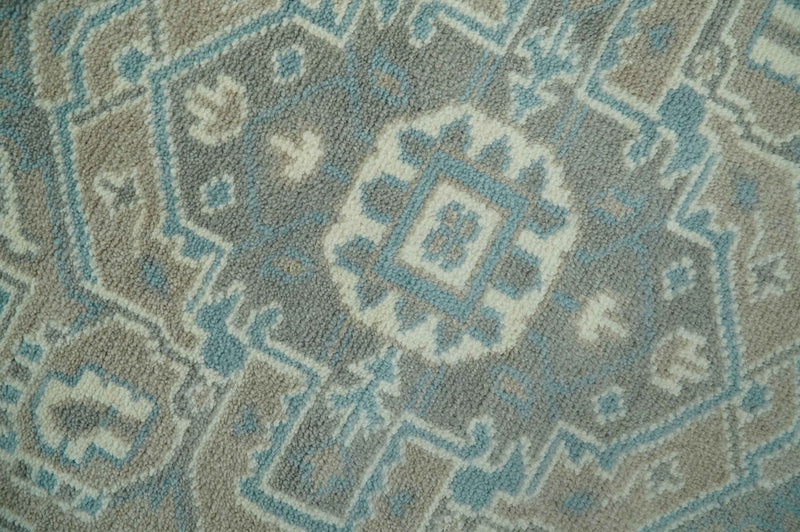 Custom Made Hand Knotted Blue, Ivory, Camel and Gray Traditional Heriz wool rug