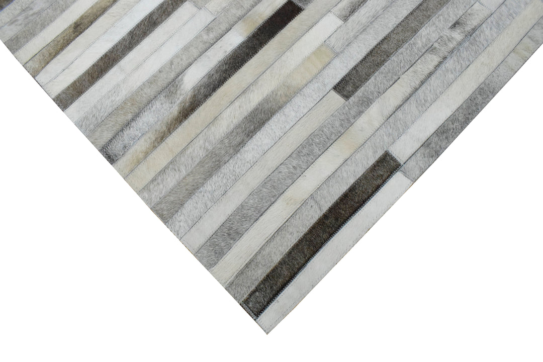 Ready to Ship Modern Stripe Beige And Silver Handmade 5x8 Leather Rug
