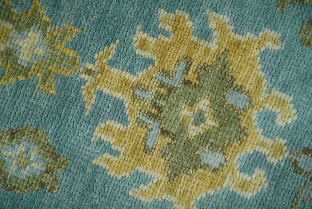 Custom Made Hand Knotted Green And Blue Oushak Runner Wool Rug