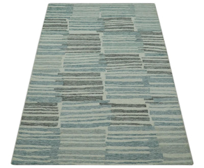 5x7.6 Ivory, Charcoal and Blue Modern Stripes Design Hand Tufted wool area rug - The Rug Decor