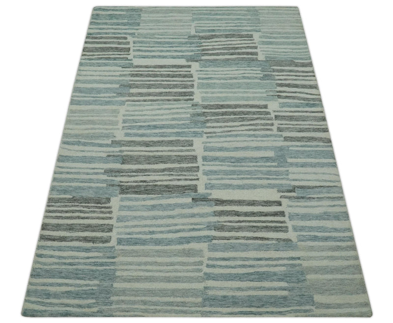 5x7.6 Ivory, Charcoal and Blue Modern Stripes Design Hand Tufted wool area rug - The Rug Decor