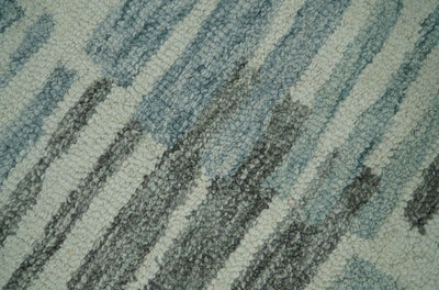 5x7.6 Ivory, Charcoal and Blue Modern Stripes Design Hand Tufted wool area rug - The Rug Decor