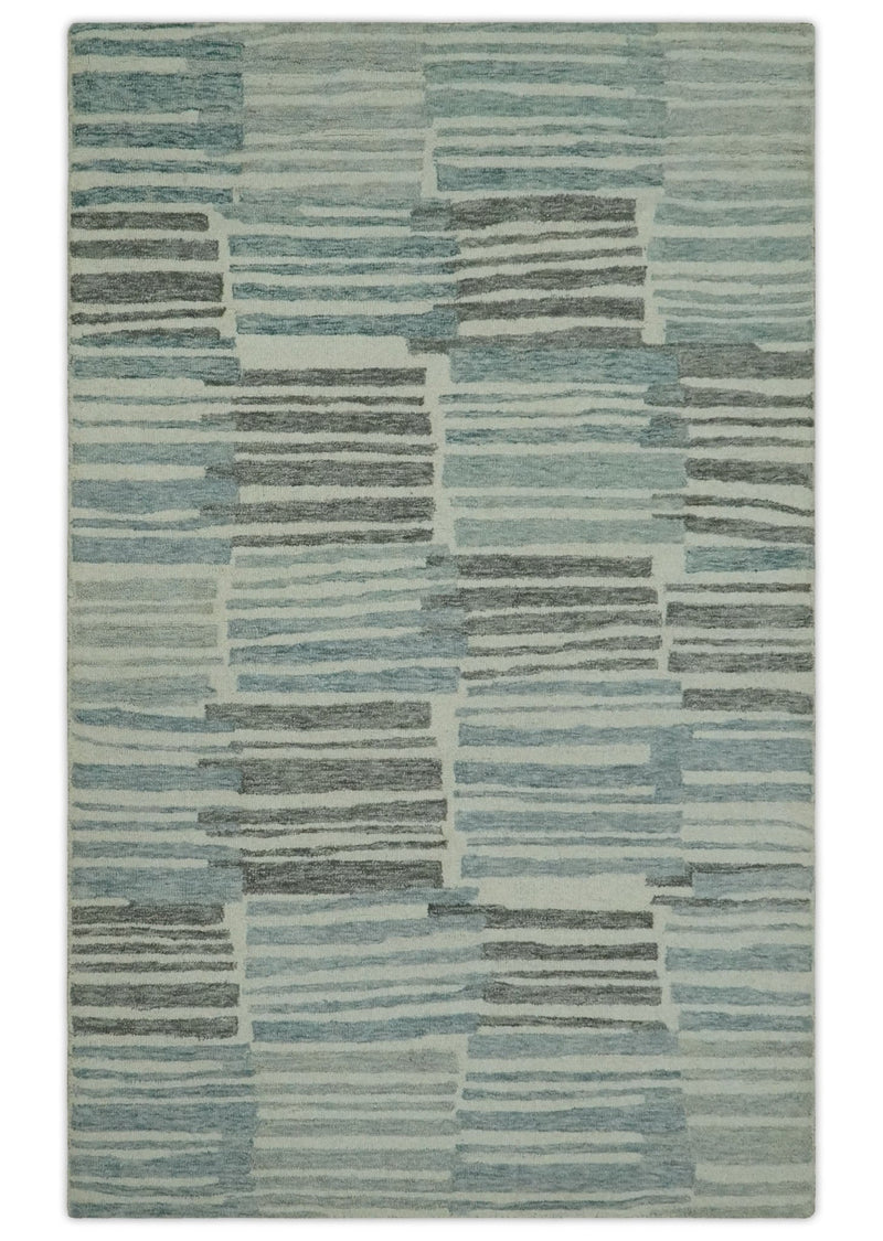 5x7.6 Ivory, Charcoal and Blue Modern Stripes Design Hand Tufted wool area rug - The Rug Decor