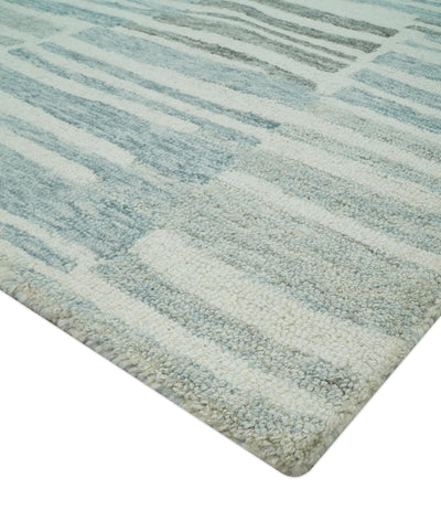 5x7.6 Ivory, Charcoal and Blue Modern Stripes Design Hand Tufted wool area rug - The Rug Decor