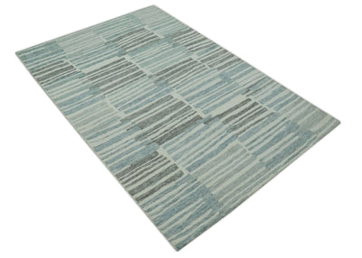 5x7.6 Ivory, Charcoal and Blue Modern Stripes Design Hand Tufted wool area rug - The Rug Decor