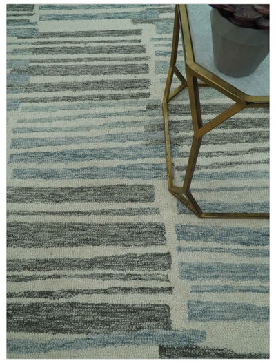 5x7.6 Ivory, Charcoal and Blue Modern Stripes Design Hand Tufted wool area rug - The Rug Decor