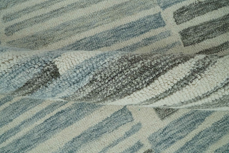 5x7.6 Ivory, Charcoal and Blue Modern Stripes Design Hand Tufted wool area rug - The Rug Decor