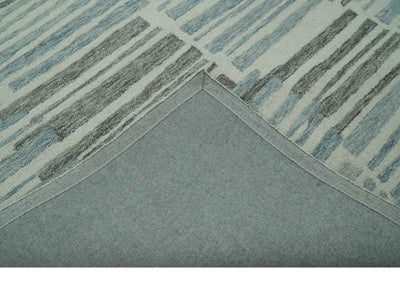 5x7.6 Ivory, Charcoal and Blue Modern Stripes Design Hand Tufted wool area rug - The Rug Decor