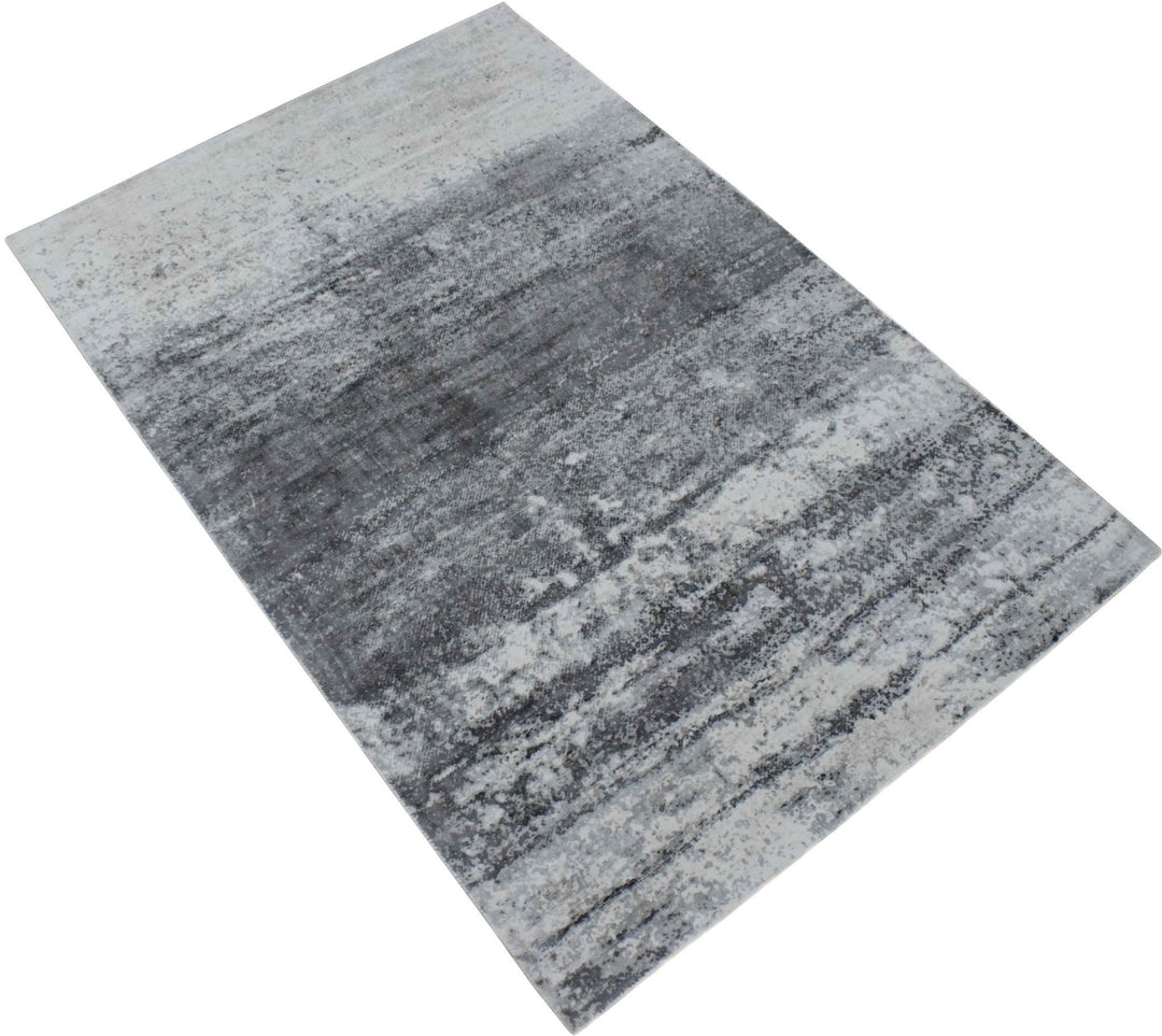 Ready to Ship Silver And Ivory Modern Abstract Hand Loom 5x7.6 Viscose Rug