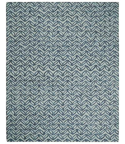 5X8 and 8x10 Contemporary Farmhouse Leaf's Hand Tufted Silver and Blue Loop Wool Rug - The Rug Decor