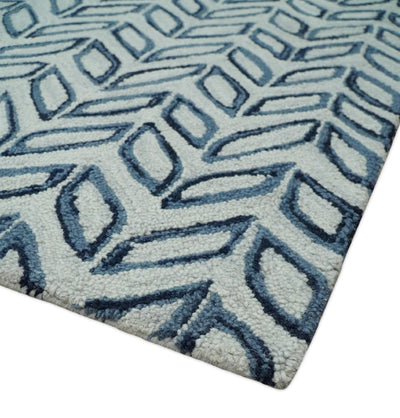 5X8 and 8x10 Contemporary Farmhouse Leaf's Hand Tufted Silver and Blue Loop Wool Rug - The Rug Decor