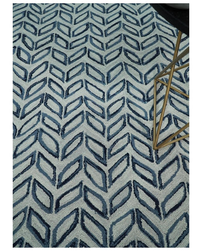 5X8 and 8x10 Contemporary Farmhouse Leaf's Hand Tufted Silver and Blue Loop Wool Rug - The Rug Decor