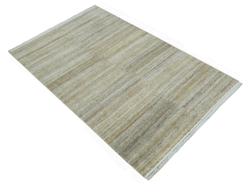 5x8 Beige, Gray and Silver Stripes Design Dari Pet yarn Rug - The Rug Decor