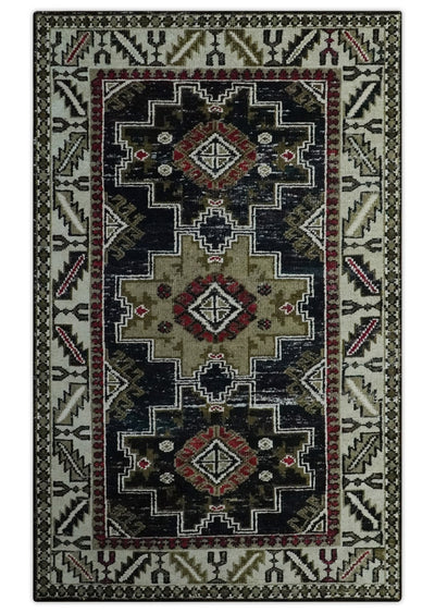 5x8 Black and Silver Traditional Heriz Hand Knotted wool area Rug - The Rug Decor