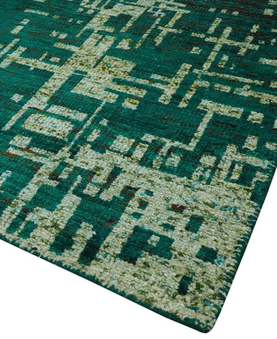 5x8 Green and Olive Hand Knotted Modern Abstract Contemporary Recycled Silk Rug - The Rug Decor