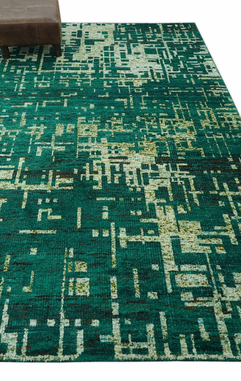 5x8 Green and Olive Hand Knotted Modern Abstract Contemporary Recycled Silk Rug - The Rug Decor