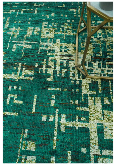 5x8 Green and Olive Hand Knotted Modern Abstract Contemporary Recycled Silk Rug - The Rug Decor
