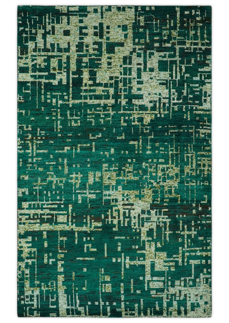 5x8 Green and Olive Hand Knotted Modern Abstract Contemporary Recycled Silk Rug - The Rug Decor