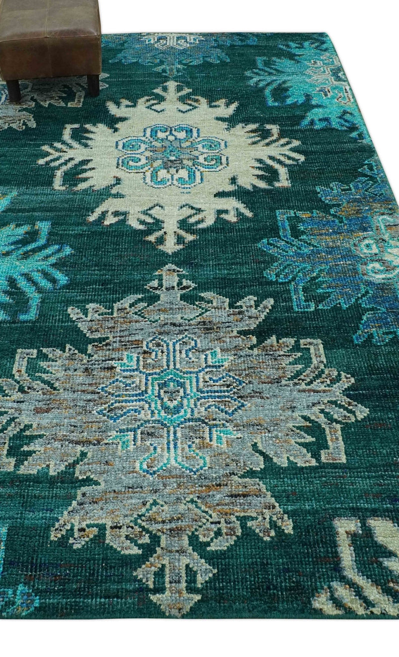 5x8 Green, Ivory and Blue Traditional Large design hand knotted wool area rug - The Rug Decor