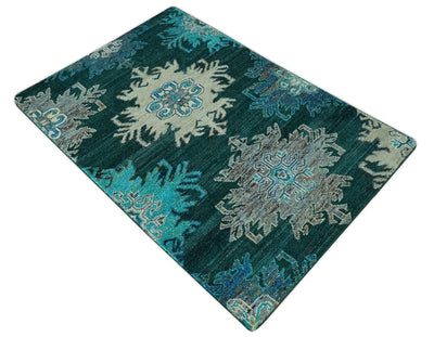 5x8 Green, Ivory and Blue Traditional Large design hand knotted wool area rug - The Rug Decor