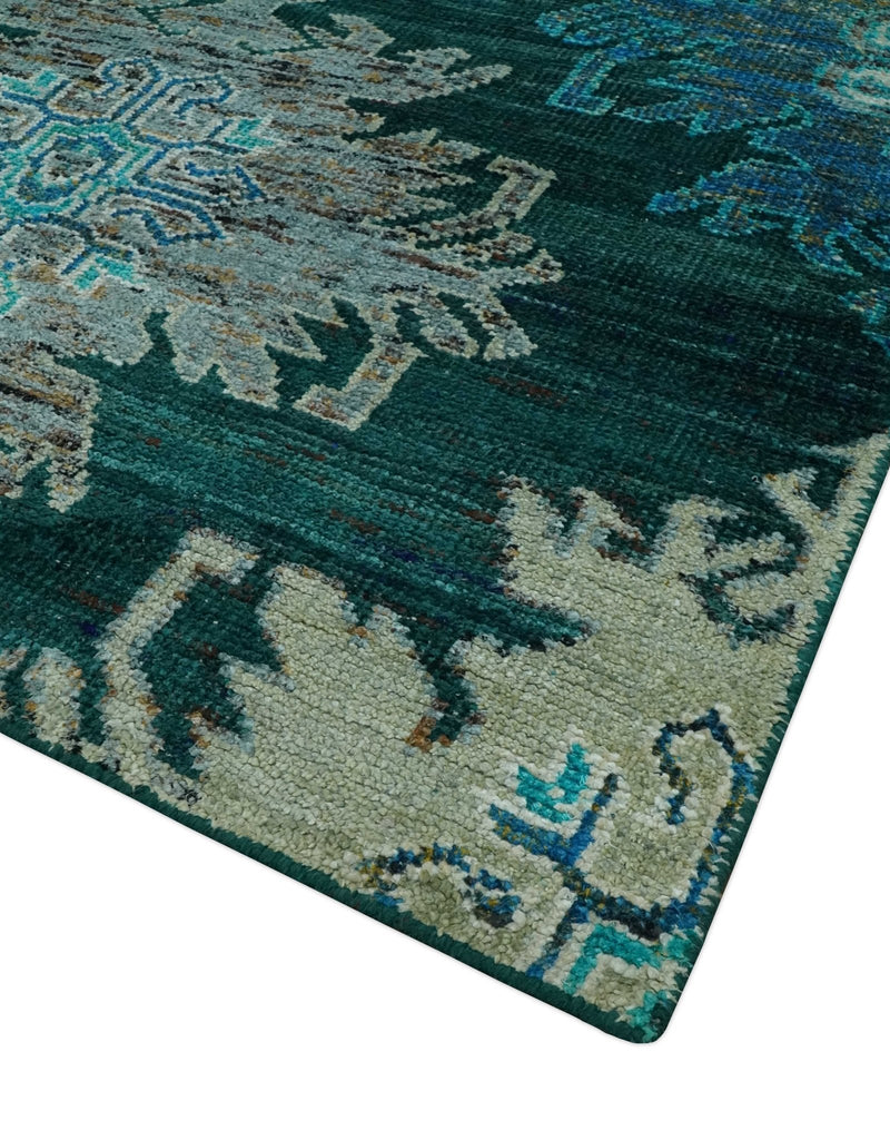 5x8 Green, Ivory and Blue Traditional Large design hand knotted wool area rug - The Rug Decor