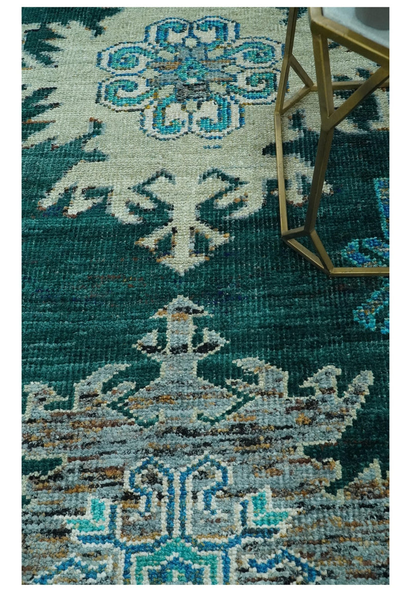 5x8 Green, Ivory and Blue Traditional Large design hand knotted wool area rug - The Rug Decor