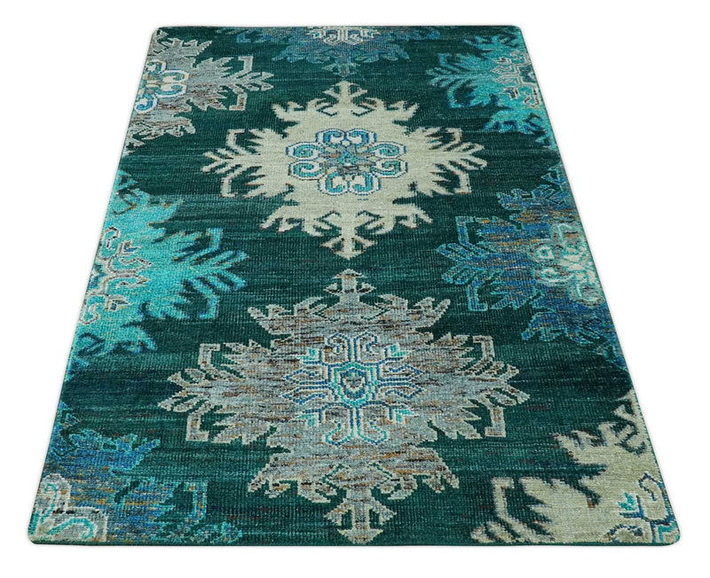 5x8 Green, Ivory and Blue Traditional Large design hand knotted wool area rug - The Rug Decor