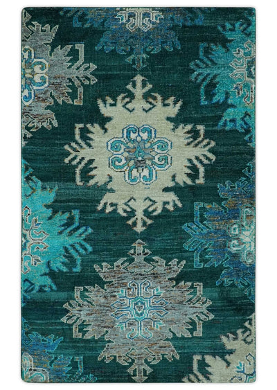 5x8 Green, Ivory and Blue Traditional Large design hand knotted wool area rug - The Rug Decor