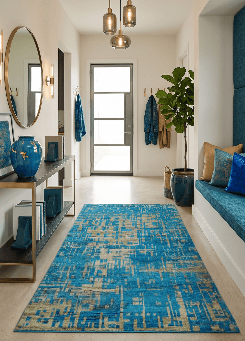 5x8 Hand Knotted Beige and Blue Modern Abstract Recycled Silk Area Rug - The Rug Decor