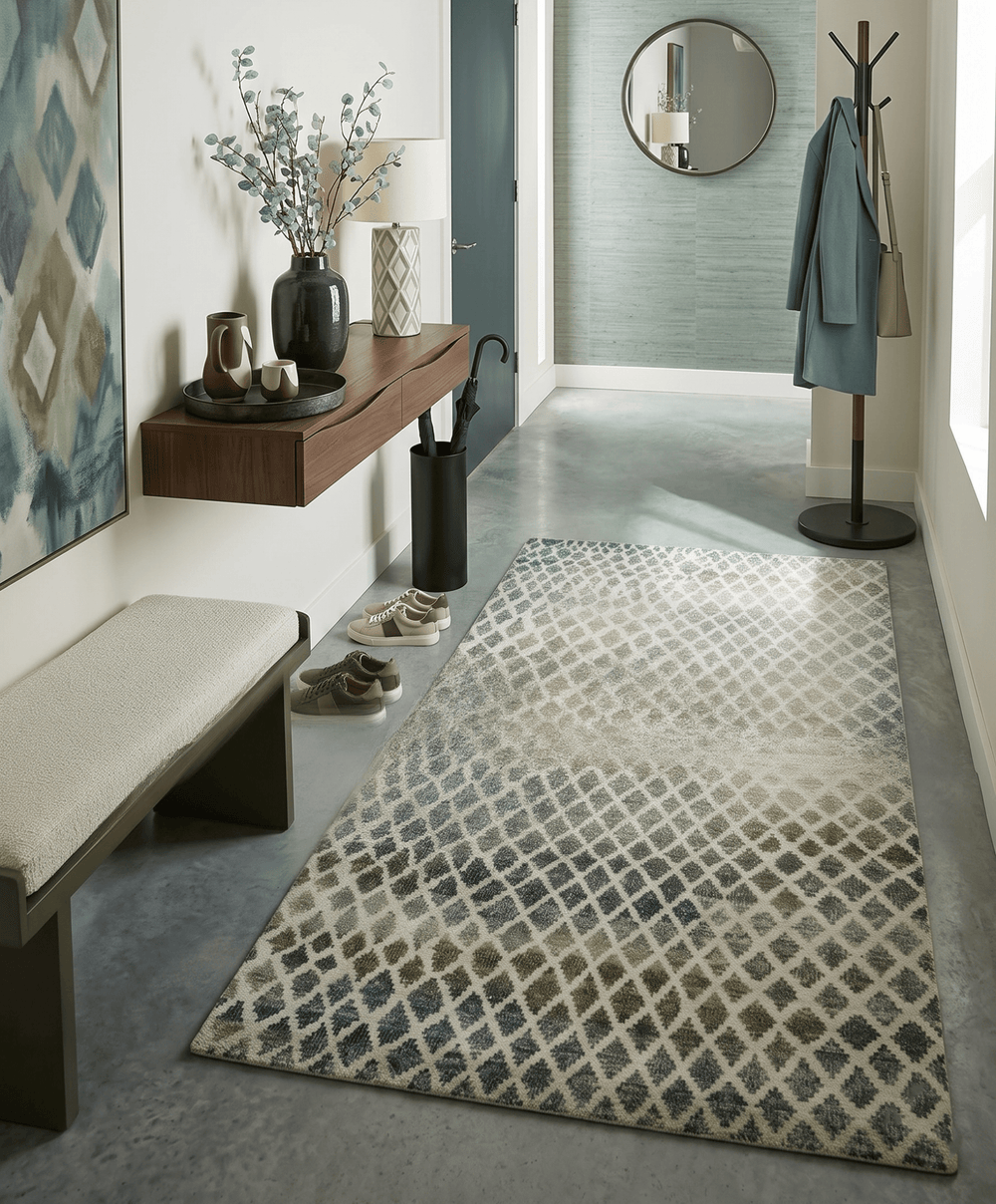 5x8 Hand Knotted Beige, Charcoal and Olive Modern Geometric Recycled Silk Area Rug - The Rug Decor