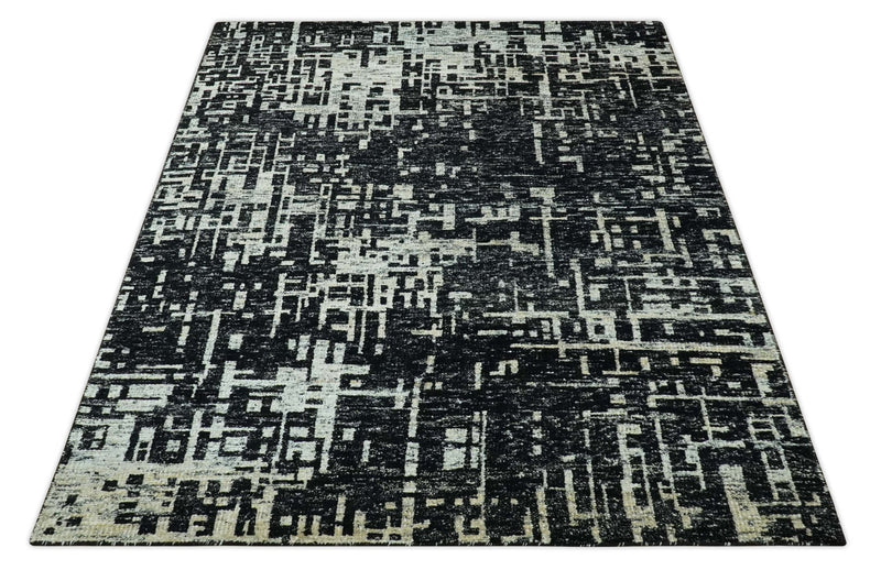 5X8 Hand Knotted Black and Ivory Modern Abstract Contemporary Recycled Silk Area Rug - The Rug Decor