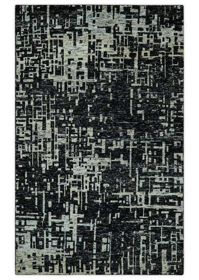 5X8 Hand Knotted Black and Ivory Modern Abstract Contemporary Recycled Silk Area Rug - The Rug Decor