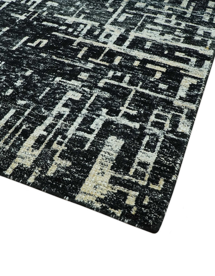 5X8 Hand Knotted Black and Ivory Modern Abstract Contemporary Recycled Silk Area Rug - The Rug Decor
