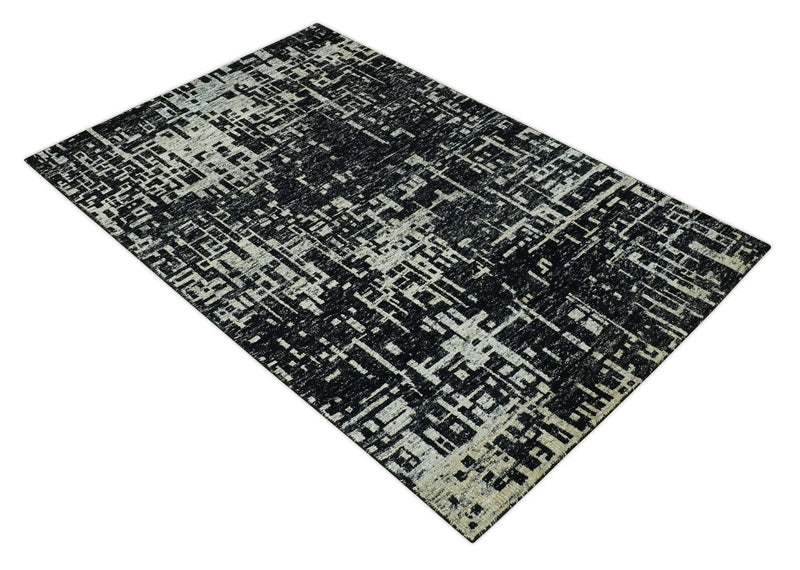 5X8 Hand Knotted Black and Ivory Modern Abstract Contemporary Recycled Silk Area Rug - The Rug Decor