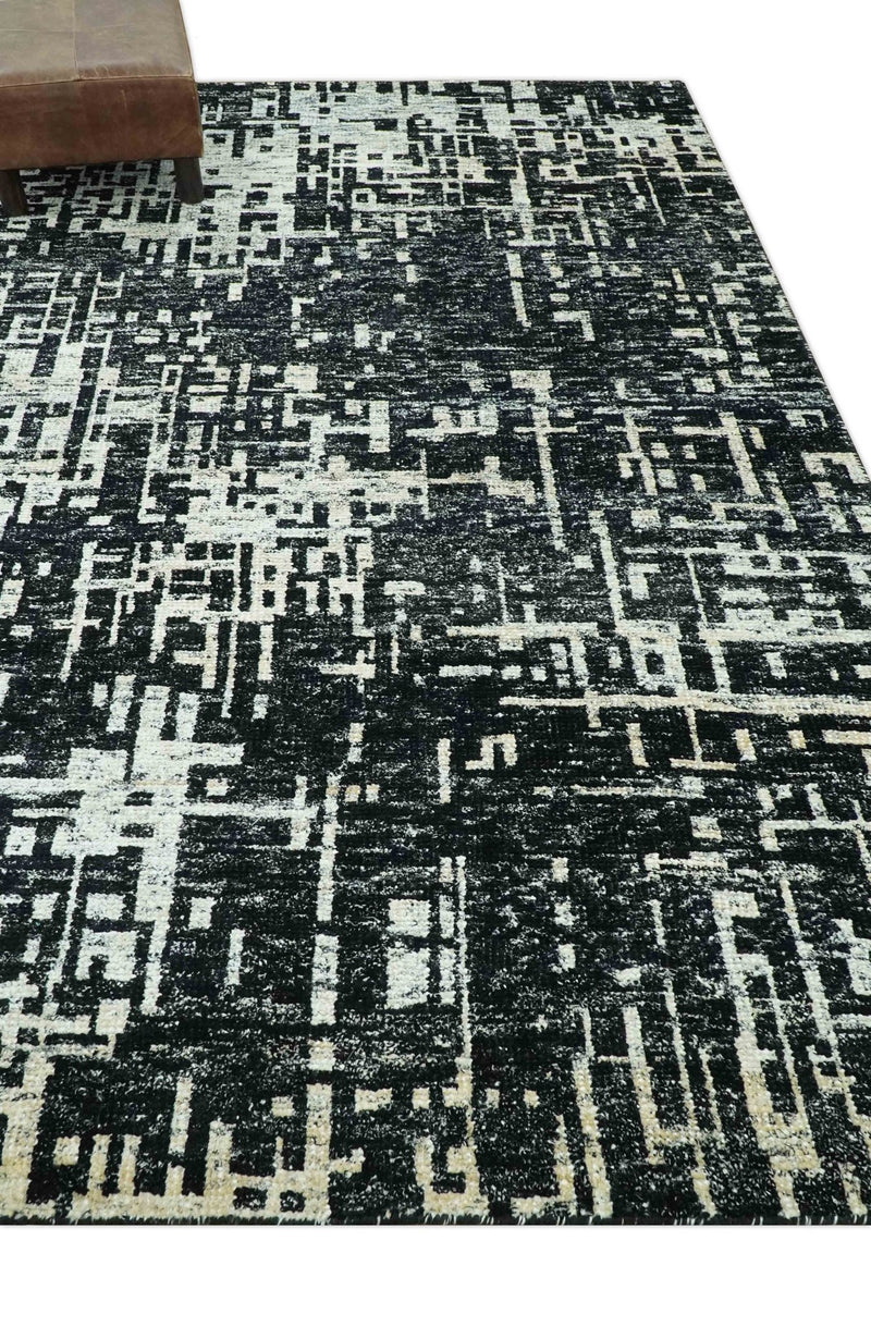 5X8 Hand Knotted Black and Ivory Modern Abstract Contemporary Recycled Silk Area Rug - The Rug Decor