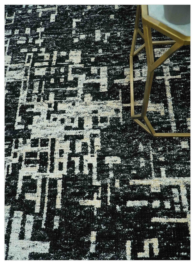 5X8 Hand Knotted Black and Ivory Modern Abstract Contemporary Recycled Silk Area Rug - The Rug Decor