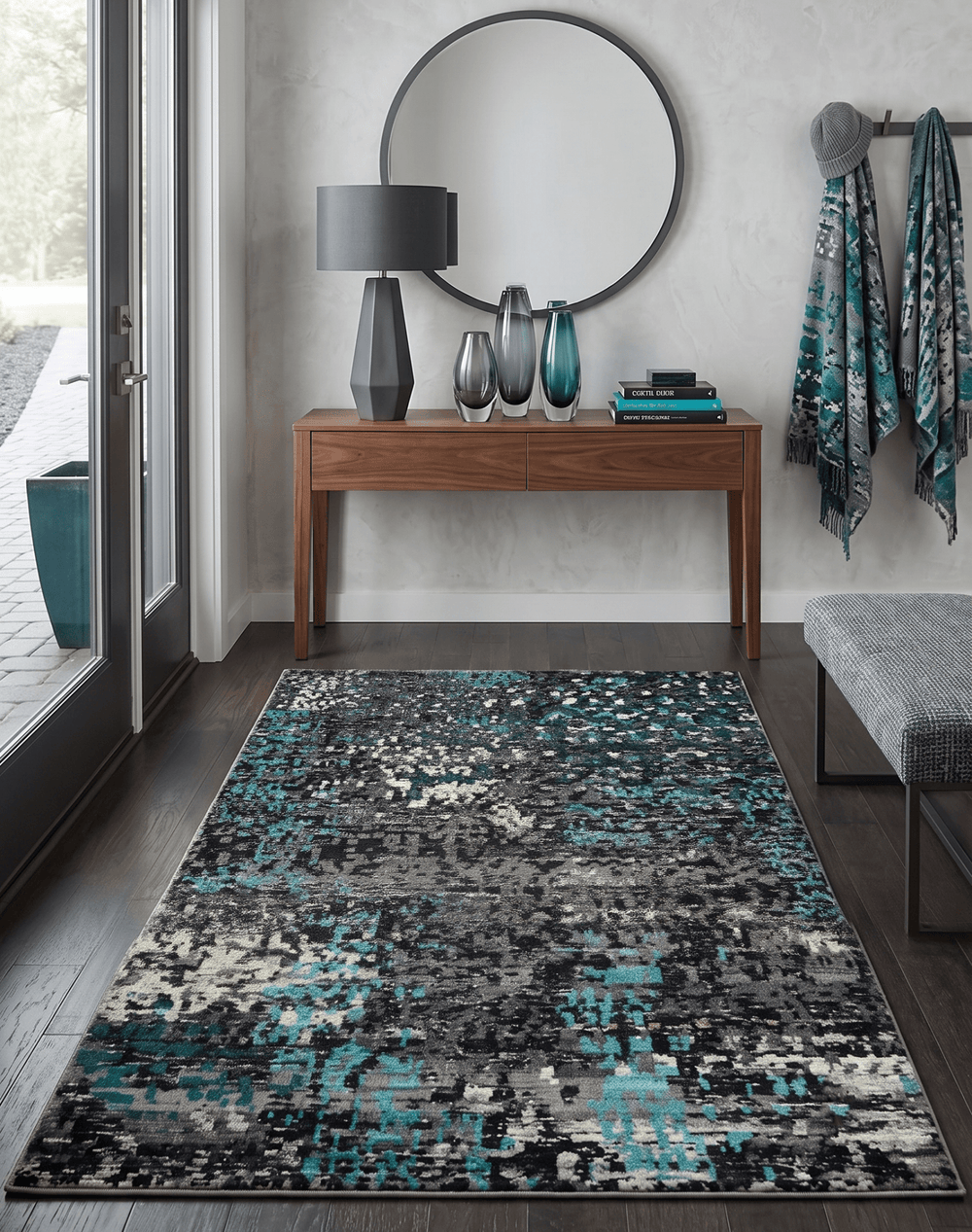 5x8 Hand Knotted Charcoal, Ivory and Blue Modern Abstract Recycled Silk Area Rug - The Rug Decor